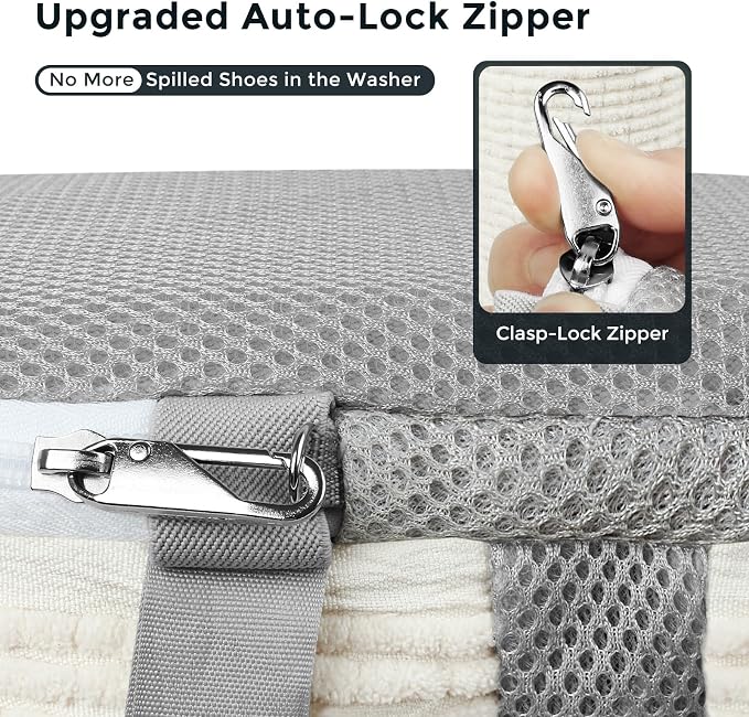 Shoe Washing Machine Bag for Sneaker Cleaning Laundry Shoe Bag, Beige | Dual Compartment, Full Protection, Clasp-Lock Zipper, Dense Chenille, Bound Edge & Seams - Image 2