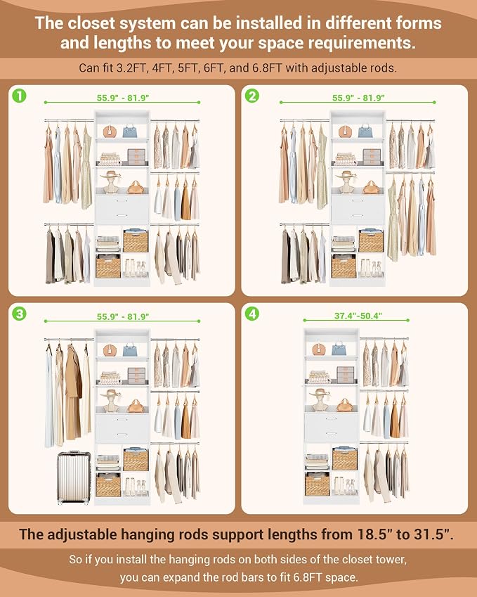 Besiost Small Closet System, 3.2-6.8FT Small Closet Organizer with 2 Wooden Drawers & 5 Hanging Rods, Can Fit 37.5 to 81.9 inch Walk-in Closet System, Built-in, White, Enclosed Storage Volume 2.32 ft³ - Image 6