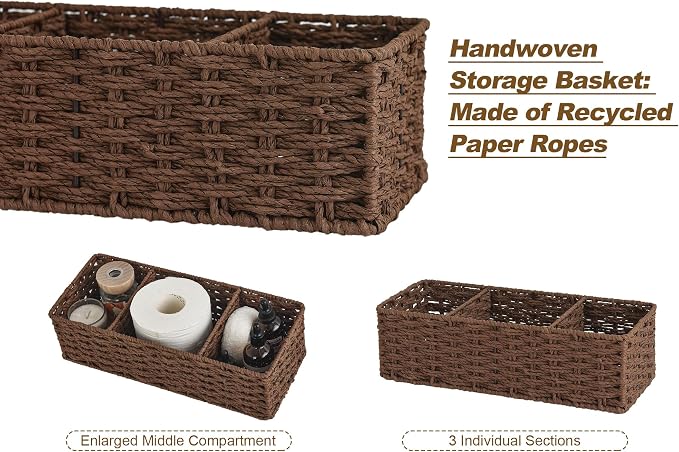 StorageWorks Toilet Paper Basket, Paper Rope Back of Toilet Basket, Walnut | Wicker Basket, Toilet Paper Storage for Back of Toilet Tank, Woven Baskets for Shelves, Wicker Baskets with 3 Compartments - Image 2