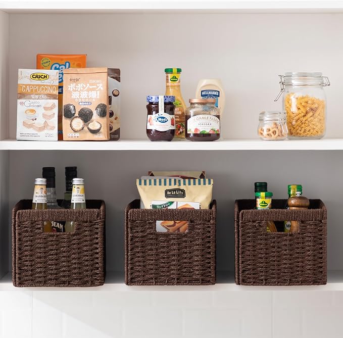 joybest Dark Brown Wicker Baskets for Shelves, Hand-woven Storage Baskets | 13.4L x 8.3W x 7.1H inch for Pantry, Kichen Organizing, Foldable Rectangular Bin with Handles, 4-pack - Image 3