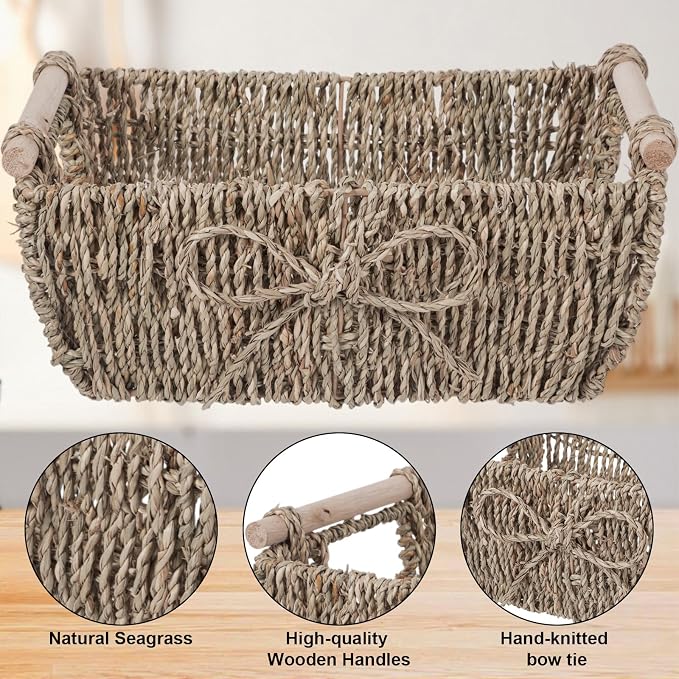 Colingmill 4 Pack Bow Large Storage Baskets with Wooden Handles Decorative Baskets for Gifts Empty Wicker for Shelf 12''l x 8''w x 4.8''h Hand-woven Round Paper Rope Containers - Image 4