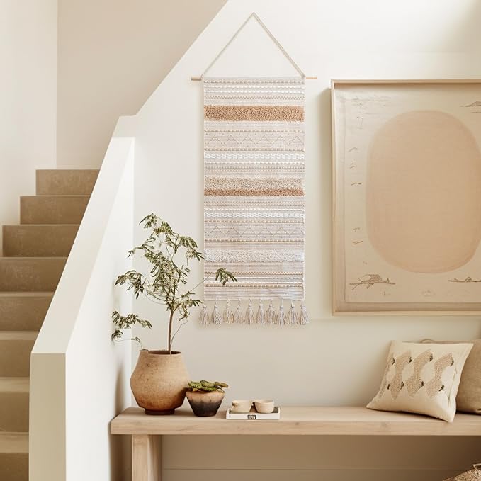 BlissBlush Long Vertical Wall Hanging Tapestry Woven Boho Farmhouse Decor Cream Beige Tassel Handmade Wall Art Decoration for Bedroom Living Room Dorm Nursery Apartment, 16x39 INCH - Image 3