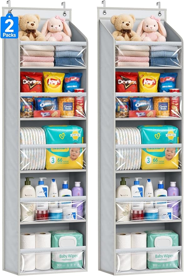 AOODA 2 Pack Over the Door Organizer, Large Capacity Closet Door Hanging Organizer, Clear Deep Pockets Baby Organizer Storage for Nursery, Bathroom, Bedroom, Pantry, Diapers (Grey) by AOODA