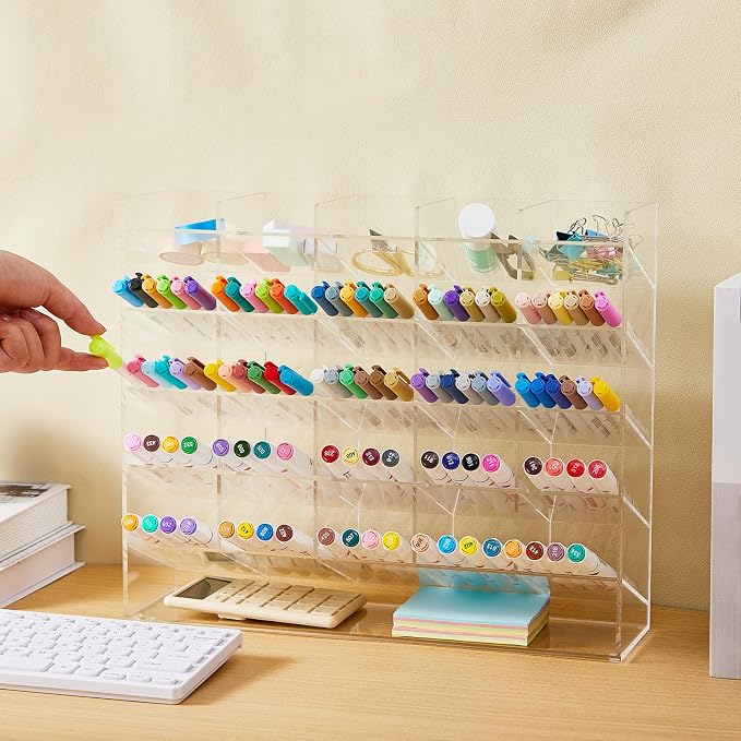 MotiMind Acrylic Pen and Marker Organizer for 300 Markers | 21 Compartments, Vertical Marker Pencil Organizer, Acrylic Pen Display Holder, Art Supply Storage for Desk Stationery, Clear - Image 4