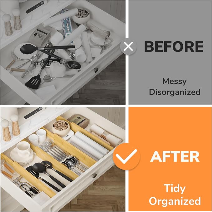 BAMEOS Bamboo Expandable Drawer Dividers – Fits 16.65"–22" Drawers, 3" Deep Walls, Set of 4 | Taller Spring-Loaded Separator Keeps Items Upright in Kitchen & Dresser Drawers - Image 7