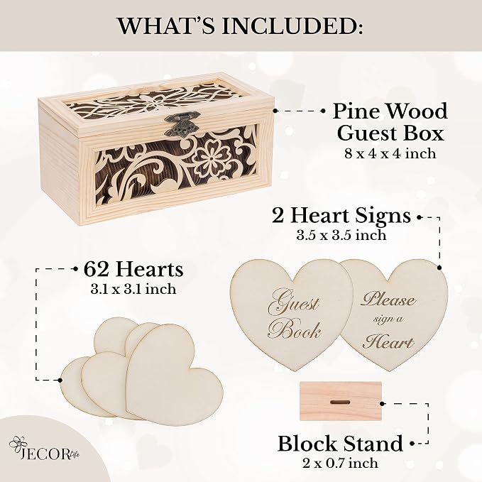 Jecor Alternative Guest Book Box - Wedding Guest Book Alternative - Pattern | 62 Large Wooden Hearts - Baby Shower, Bridal Shower, Anniversary, Birthday, Retirement, Funeral Guest Book Alternatives - Image 3