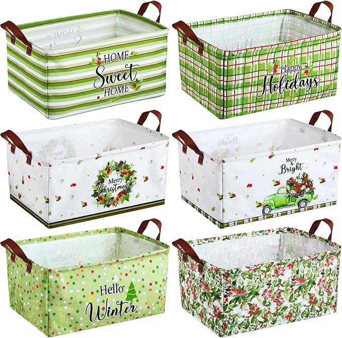 CHENGU 6 Pack Christmas Storage Basket Collapsible Christmas Tree Basket for Gift Green Truck Holiday Decor Large Flower Wreath Bin Foldable Hello Winter Dotted Box with Handle for Bedroom Office Home by CHENGU