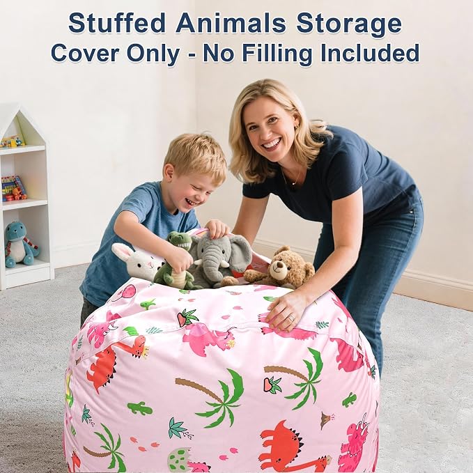 Lukeight Dinosaur Stuffed Animal Storage Bean Bag Chair Cover for Kids, Velvet Plush Toy Organizer Seat, Cover Only, No Filling Included, Long YKK Zipper, Side Pocket, X-Large 30"D x 18"H - Image 4