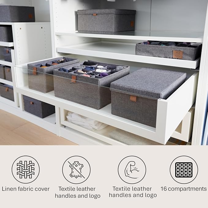 LOVE IT STORE IT Premium Drawer Organiser System, 2-Piece Linen Wardrobe Organiser, Reinforced, 16 Compartments for Socks, Underwear, Grey, 30 x 30 x 15 cm - Image 4