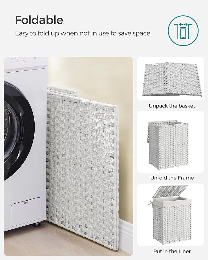 SONGMICS Laundry Hamper with Lid, 23.8 Gal (90 L) Synthetic Rattan,Foldable | Clothes Laundry Basket with Handles, Removable Liner, Cloud White, ELIOTT Collection ULCB165W01 - Image 8