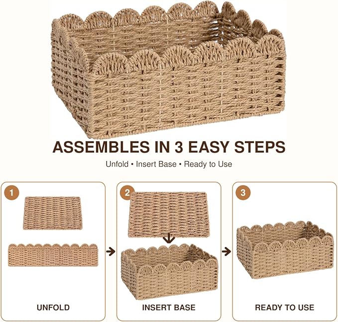 4 Pack Foldable Scalloped Basket, Handwoven Wicker Storage Baskets for Shelves Books Toys Towels, 14" L x 10.5" W x 6" H Natural Paper Rope Rattan Baskets for Organizing Boho Farmhouse Home Decor - Image 2