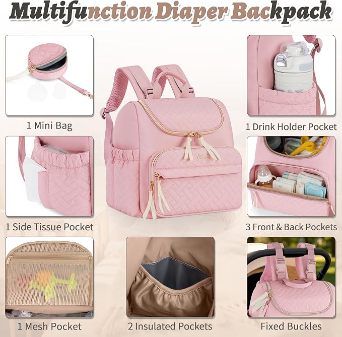 Small Diaper Bag, 22L Stylish Baby Mini Maternity Travel Backpack | with Changing Pad, Pacifier Bag, Stroller Straps Parents Essentials for Outdoor Trip Hospital & Daily Work, Pink - Image 3