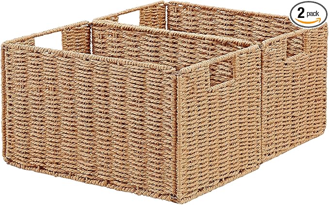 Wicker Storage Basket, Set of 2 Hand-Woven Paper Rope Wicker Basket, Small Storage Baskets for Organizing Toilet Paper Basket, Foldable Large Cube Storage Organizer Bins for Shelves (Natural) by Vagusicc