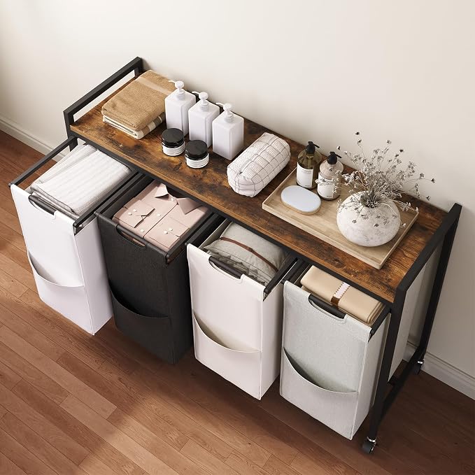 HOOBRO Laundry Sorter 4 Sections, Laundry Hamper with Wheels, 4 × 10.5 Gal (40 L), Rolling Laundry Basket, Pull-Out and Removable Oxford Fabric Bags, Rustic Brown BFE04XY01 - Image 4