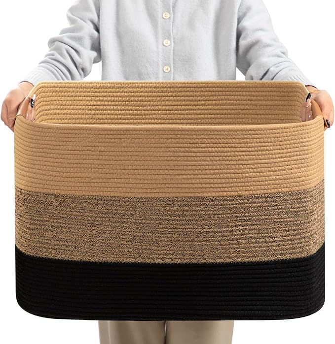 Large Blanket Basket for Living Room,72 L Rectangle Toy Storage Basket for Nursery Room, Woven Rope Storage Box with Leather Handle, 22’’*17’’*11.8’’, Gradient Linen by danpinera
