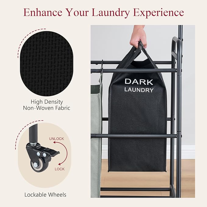 Laundry Sorter Cart with Hanging Clothes Rack, 3 Section, 3 Colors | 135L Laundry Sorter Hamper Cart with Heavy Duty Rolling Lockable Wheels and Removable Bags for Laundry Room, Apartment - Image 7