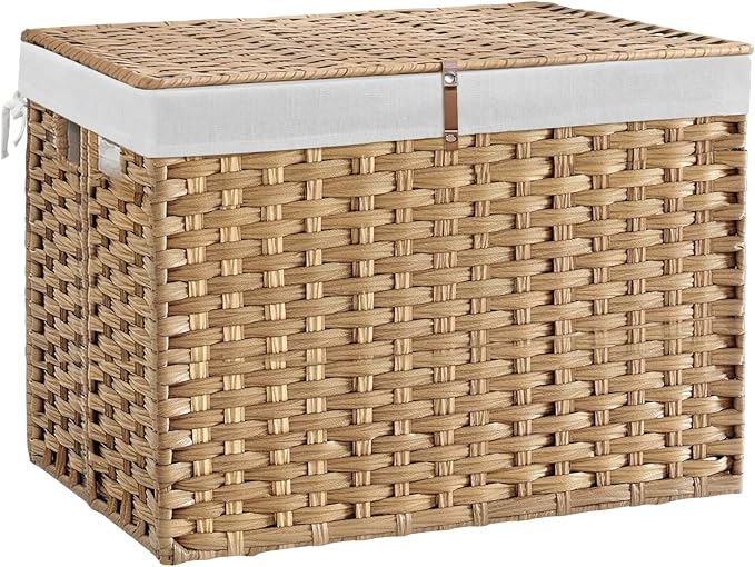 240L Wicker Storage Basket with Lid, Handwoven Rattan Large Shelf Basket with Removable Liner, 47.6 Gallon Wicker Basket for Blanket, Storage Trunk with Handle for Closet, Bedroom, Livingroom, Natural by Hiagnete