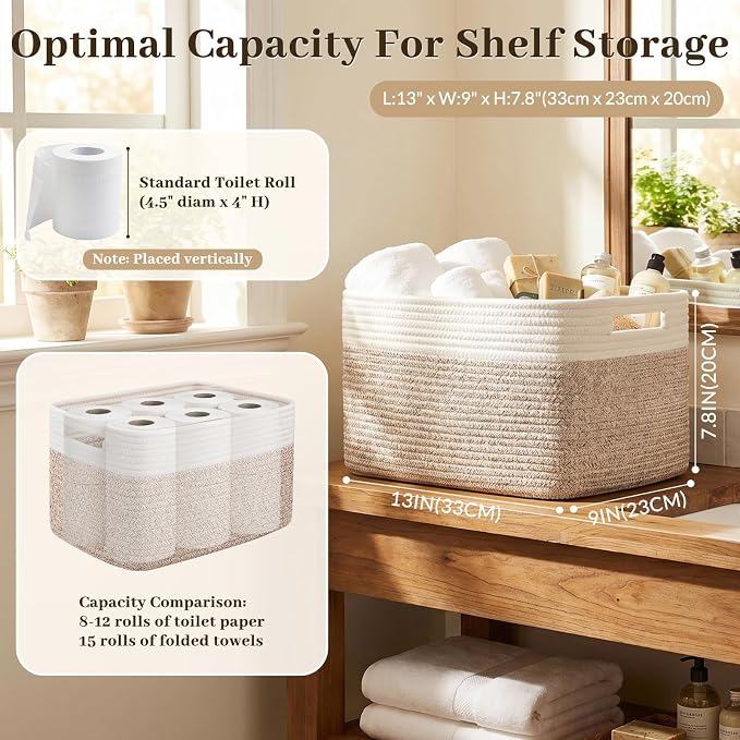 OIAHOMY 4 Pack Storage Basket, 13"x9"x7.8" Cotton Rope Baskets for Shelves, Closet Organizer for Bedroom & Living Room, Soft Decorative Bins for Organizing Towels, Books & Toys, Brown & White - Image 2