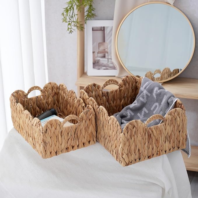 Wicker Storage Baskets with Handles, Woven Organizer, 2-Pack | 2-pack natural wicker baskets with handles in large and small sizes; woven organizers for home, kitchen and nursery storage. - Image 5