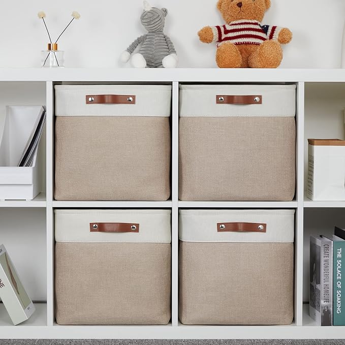 DULLEMELO Fabric Storage Cubes,13 inch Cube Stroage Bins for Empty Gift Basket,Toy Nursery Storage Linen Closet Organizers and Storage Baskets Shelves Bins(White&Khaki) - Image 7