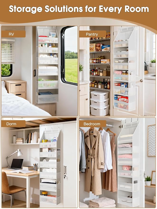 Over the Door Organizer, Heavy-Duty 6-Shelf Hanging Storage with 13 Mesh Pockets, 55lbs Capacity Behind the Door Storage for Nursery, Bathroom, Bedroom, and Dorm, White - Image 7
