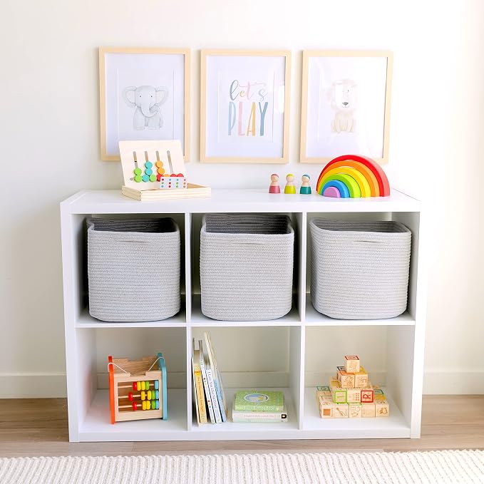 NaturalCozy Storage Cubes 11 Inch Cotton Rope Woven Baskets for Organizing, 3-Pack | Cube Storage Bin | Square Storage Baskets for Shelves Organizer, Classroom, Kids Toy Bins, Closet, Baby Nursery - Image 3