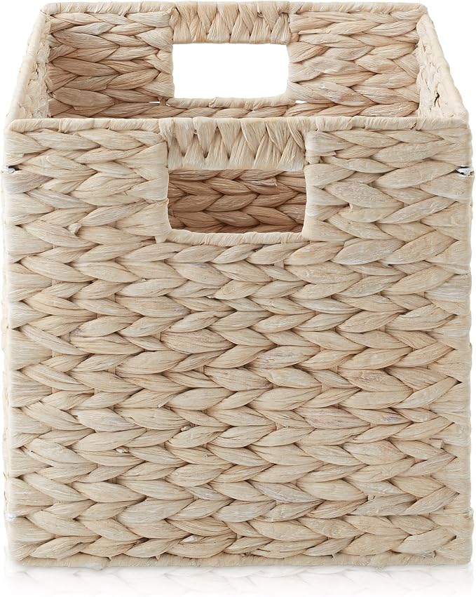 Casafield 10.5" x 10.5" Hyacinth Storage Baskets, Whitewash - Set of 4 Storage Organizers, Woven Wicker Cubes for Bathroom, Bedroom, Laundry, Shelves - Image 4