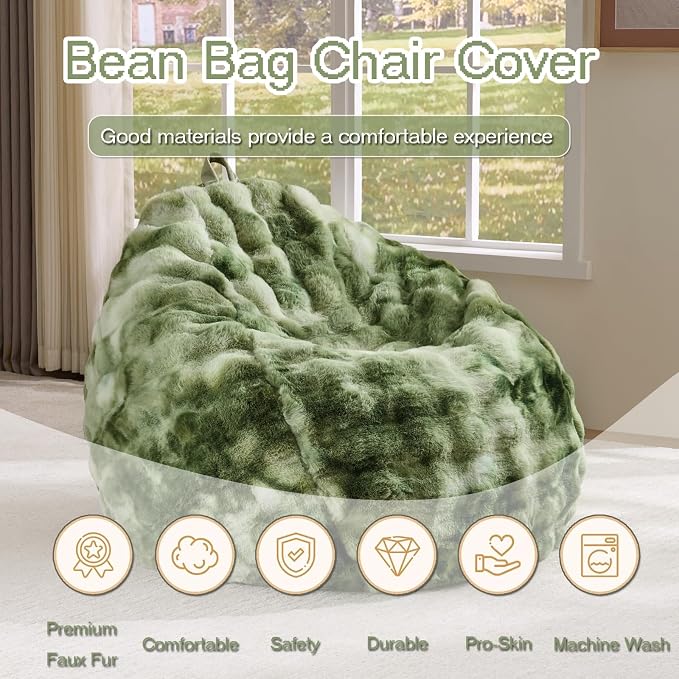 Fluffy Faux Rabbit Fur Bean Bag Chair Cover(No Filler),Cozy Shaggy Bubble Stuffed Animal Storage Large Bean Bag Cover for Bedroom Living Room,Fuzzy Bean Bag Cover Girls Teens Adult,Tie-dye Sage Green - Image 2