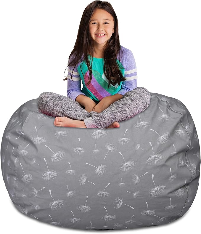 Posh Creations Kids Stuffed Animal Storage Bean Bag Chair Cover - Childrens Toy Organizer, X-Large-48in, Canvas White Dandelions on Gray by PoshCreations