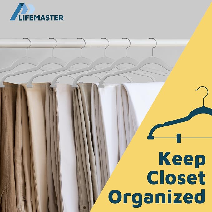Lifemaster Velvet Skirt Hangers – with Adjustable Clips, 360 Degree Swivel Hook, and Non-Slip Shoulder Notch, Holds Up to 10 lbs, for Organizing Skirt, Pants, Dress, and Clothes, Pack of 30, White - Image 9