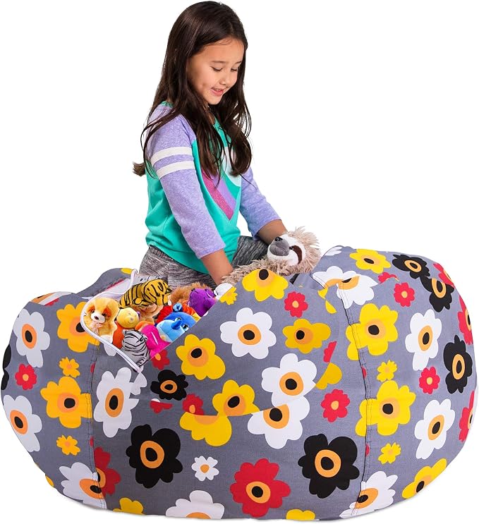 Posh Stuffable Kids Stuffed Animal Storage Bean Bag Chair Cover - Childrens Toy Organizer, X-Large 48" - Canvas Multicolored Flowers on Gray - Image 5