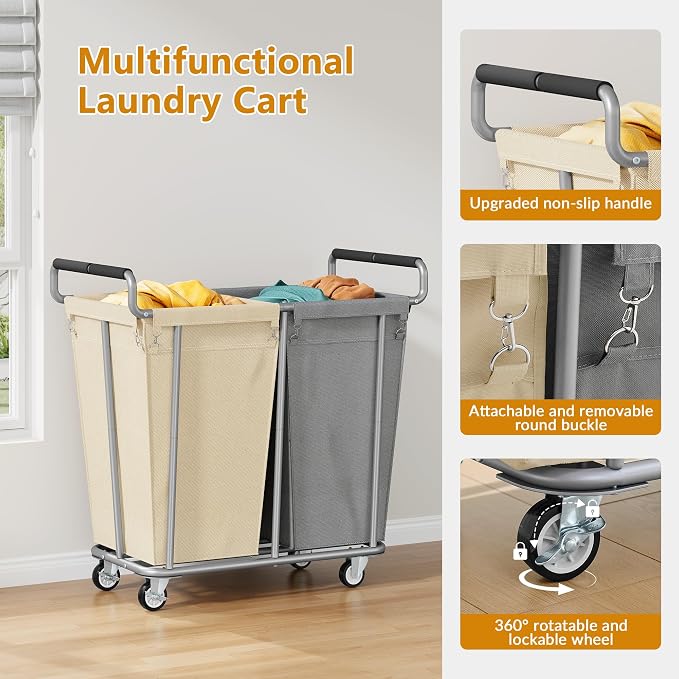 Gewudraw 2 Bag 360L Laundry Baskets with Wheels Heavy Duty | Big Rolling Hamper with Removable Bags, Heavy-Duty Steel Frame, Industrial Laundry Basket Organizer for Laundry Room - Image 6