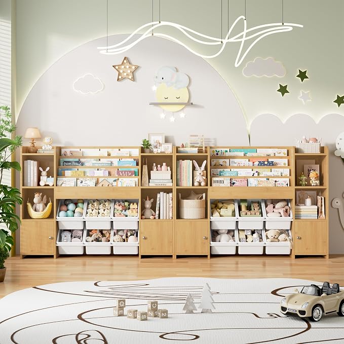 Toy Storage Organizer with 6 Toy Bins & 4 Tier Kids Bookshelf | Toy Organizer with 6 Cubbies, Kids Toy Organizers and Toy Storage with Bins, Playroom Storage and Toy Chest - Image 9