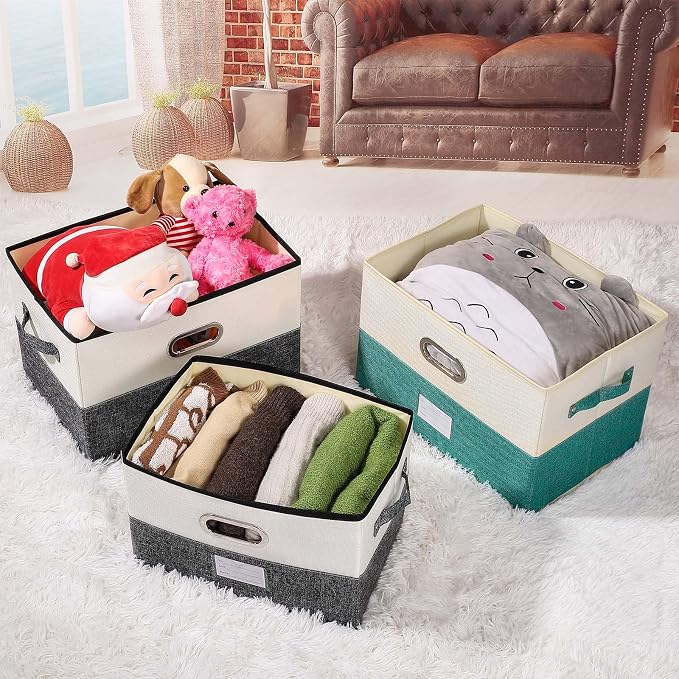 Large Linen Fabric Foldable Storage Bins with Removable Lid and Handles, Washable Storage Box Organizer Containers Baskets Cube with Cover for Bedroom,Closet,Office (Turquoise&Cream, Large) - Image 3