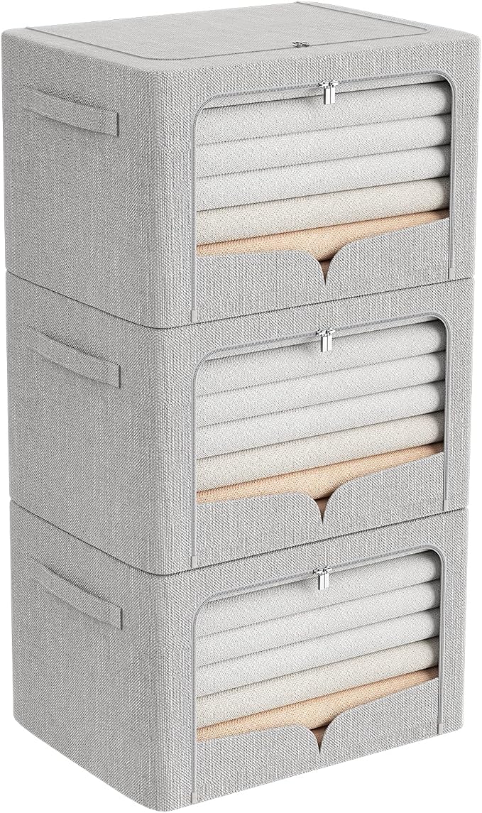 FHSQX 3 Pack Clothes Storage Bins Foldable Metal Frame Storage Box Extra Large Stackable Linen Fabric Organizer Set with Carrying Handles and Clear Window (Light Gray, 23.6x16.5x15.7inch(100L)) by FHSQX