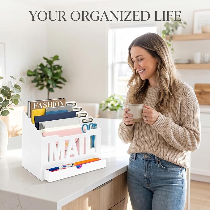 Mail Organizer Countertop, Desktop Mail Sorter with Drawer & Label Tags, WH | Bills, Letters, Envelopes & Receipts - Image 4