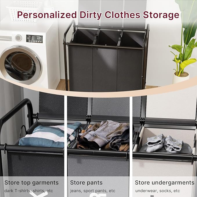 180L Laundry Sorter 3 Section with Lockable Wheels and Lid Black | 3 Large Separate Removable Bags | Heavy Duty Rolling Laundry Basket | Laundry Hamper Cart for Laundry Room Organizer - Image 3