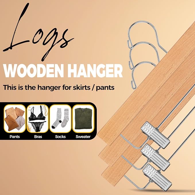 Quality Hangers Wooden Pants Hangers - 100-Pack Swivel Hook Cloth Hanger Set - Lotus Wood Skirt, Pant, Shorts and Slack Hangers with Adjustable Clip – Clothing Hanger Set (Natural, 100) - Image 7