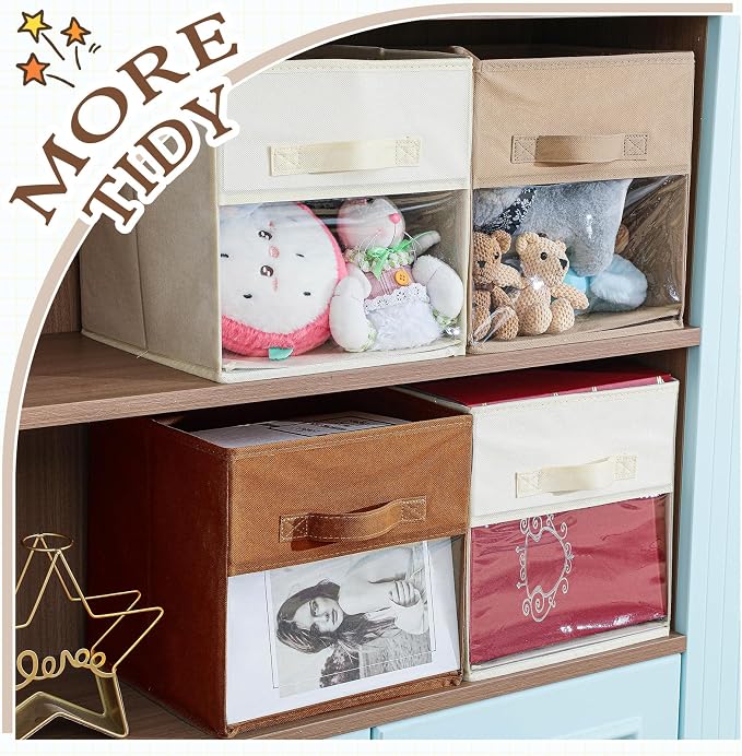 Marsui 12 Pcs Clear Cube Storage Bins Brown Collapsible Kids Storage Bins Fabric Classroom Organizer with Window for Kid Playroom Room Daycare Nursery - Image 5