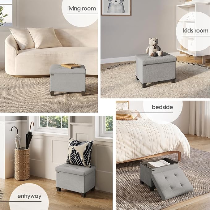 Storage Ottoman Cube with Small Bin, 16-in Square Ottoman with Storage for Living Room and Bedroom, Small Ottomans Foot Rest, Fabric Foot Stools Ottomans Max 330lbs, Light Grey - Image 4