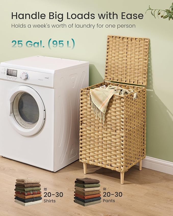 SONGMICS Laundry Hamper with Lid, 25 Gal (95L) PE Rattan Laundry Basket with Removable Washable Liners, for Bedroom & Living Room, Goose Yellow ULCB221YE01 - Image 3