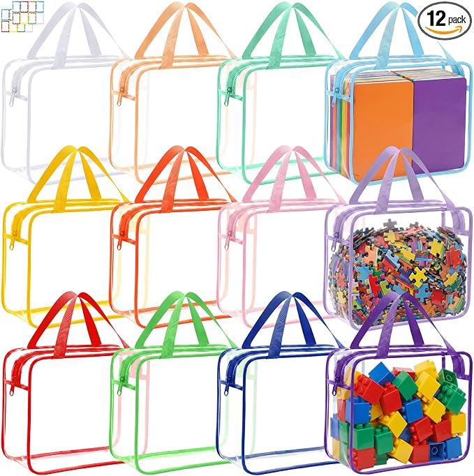 Shinylin 12 Packs Large Toy Storage Bags with Labels Clear PVC Toy Organizer with Zipper Colorful Classroom Storage Reusable Waterproof Organizer for Playroom School Blocks Game (Vibrant Colors) by Shinylin