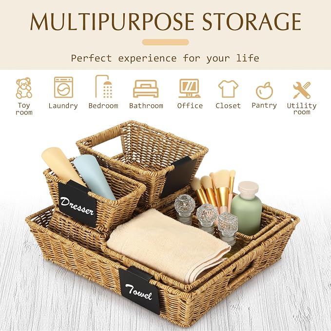 Marsui 9 Pcs Wicker Storage Baskets for Pantry Organization with Handle Labels Handwoven Multi-size Brown Small Organizer Baskets Storage Bins Container for Shelves Closet Toilet Christmas Holiday - Image 4