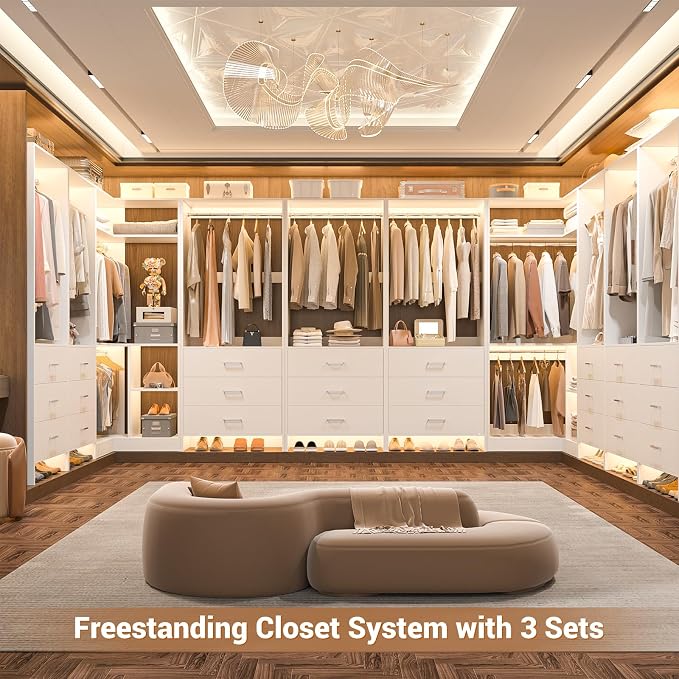 Aheaplus Closet System with 6 Drawers, 4 Hanging Rods & Corner Tower, Corner Closet System with Hanging, 80.9" L-Shaped Walk-In Wardrobe Organizer, 2000+ lbs Capacity, Set of 3, White - Image 6