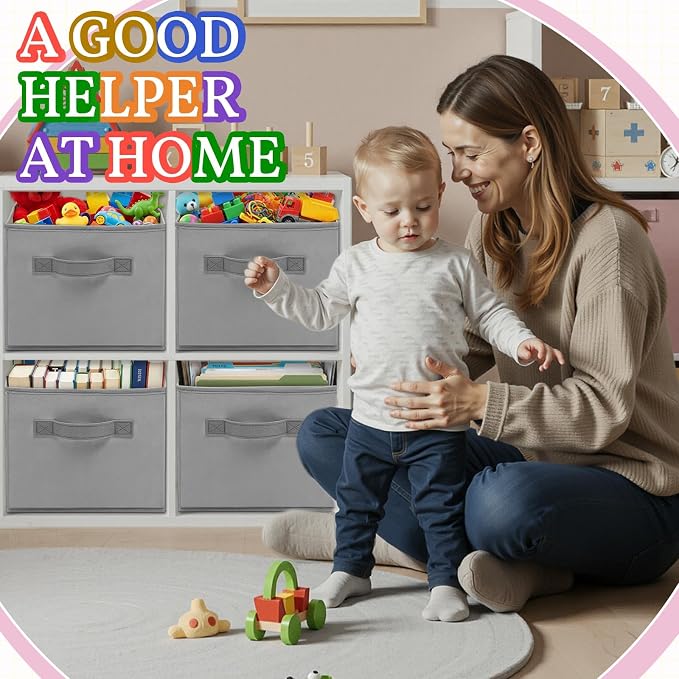 Yinder 4 Pcs Cube Storage Bin Gray 14''x10''x8'' Storage Bins for Playroom Decor Colorful Bins for Kids Foldable Baskets for Nursery Organizer Boxes Fabric Boxes - Image 6