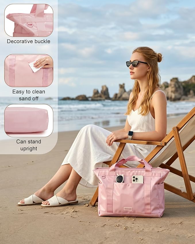 FHELAD Extra Large Glossy Tote Bag for Women, Beach Shoulder Bag 25L | Waterproof Sandproof, 15.6" Laptop Compartment, Luggage Strap, Work, Travel - Image 3