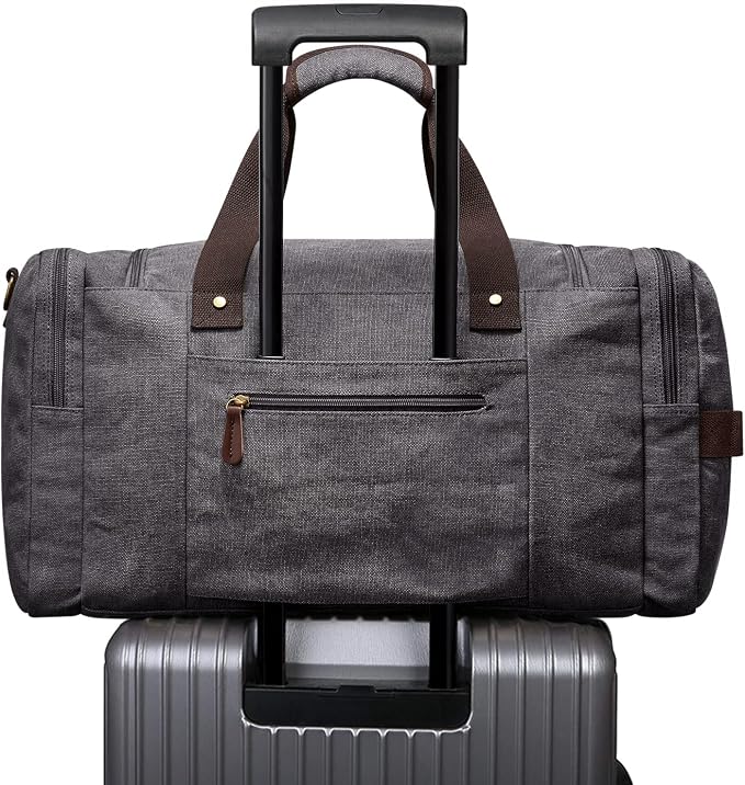 S-ZONE 65L Expandable Canvas Duffle Bag Travel Overnight Holdall Weekend Bag with Shoes Compartment Large Carry On Bag Tote Gym Bag for Men Women, Grey, L | Cotton Canvas, 45L Large Size, Shoes Compartment,Multi-Pocket, Removable Shoulder strap for Gym... - Image 8