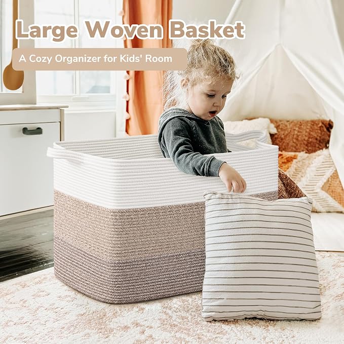 Goodpick 105L Extra Large Woven Rope Blanket Basket, Rectangle, Light Brown | 25'' x 16'' x 16'' Storage Basket for Blankets, Pillows, Toys & Clothes, Living Room, Bedroom & Nursery Organization - Image 2