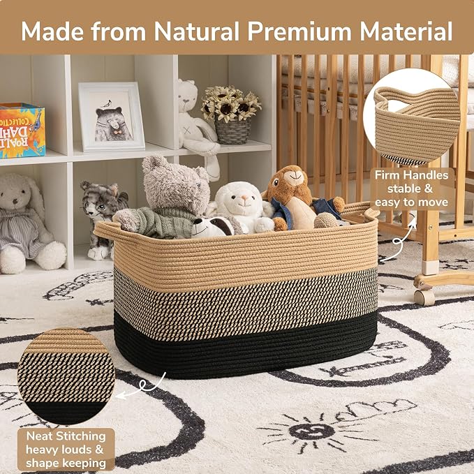 Goodpick Large Woven Blanket Basket, Rectangle, Black Jute, 75L | 21.6'' x 14.9'' x 11.8'' Wicker Storage Basket for Blankets & Toys, Living Room & Bedroom Organization, Reinforced Handles - Image 6