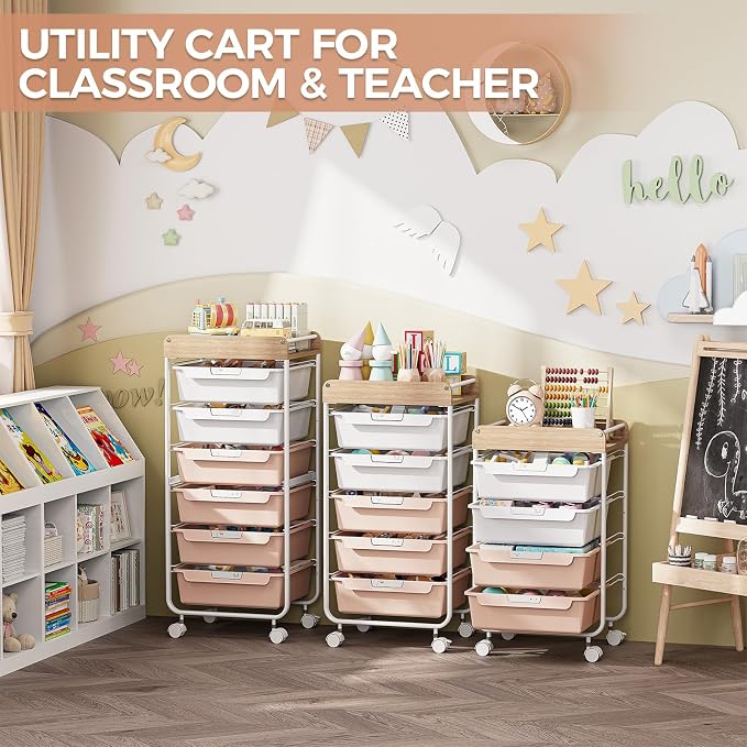SYKIARIOL Rolling Storage Utility Cart with 4 Drawers,Art Cart,Pearl | Kids Craft Cart,Makeup Organizer and Storage with Wooden Tabletop - Image 6